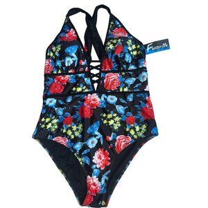 Flatter Me womans plus size one piece bathing suit 3XL floral print black lined